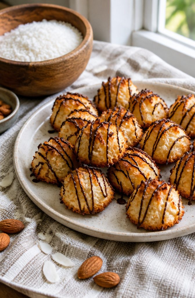 20 Simple Gluten Free Desserts 7 Coconut macaroons with craggy tops and chocolate drizzle on a textured cloth.