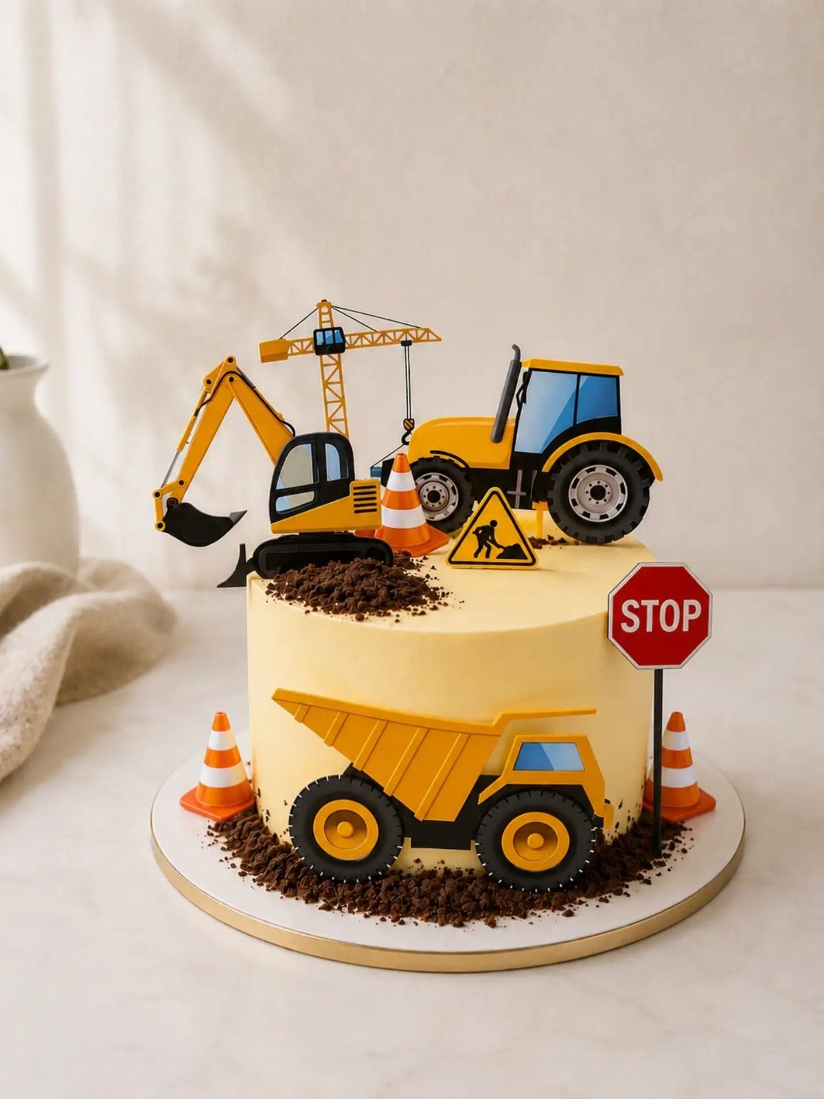 21 Cake Decoration Ideas for Every Skill Level 18 Yellow construction themed cake with edible excavator, dump truck, and chocolate soil crumbs.