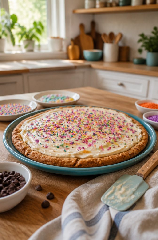 20 Simple Birthday Cake Ideas from Scratch to Shortcut 10 A large cookie cake with frosting and sprinkles on a colorful platter.