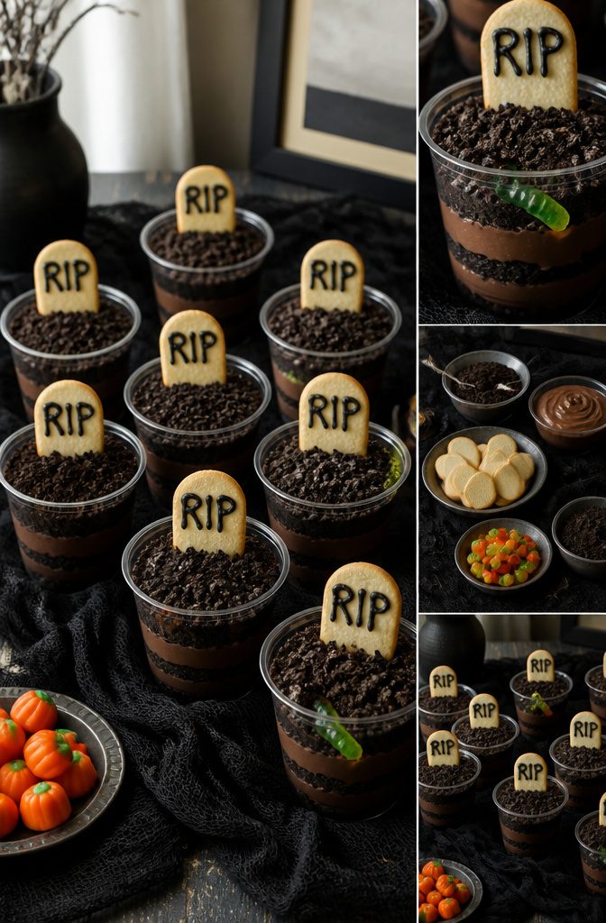 Photograph of decorated Halloween dirt cake cups with cookies and candy.