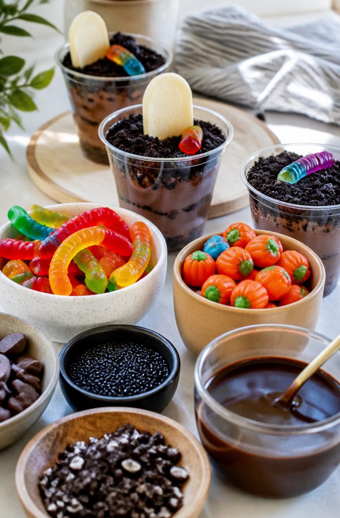 Photograph of various decorations for Halloween dirt cake cups.