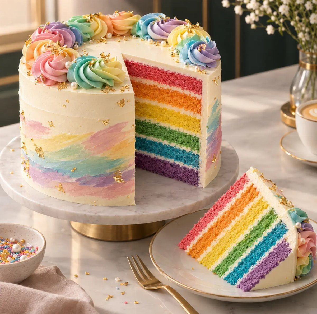 21 Cake Decoration Ideas for Every Skill Level 22 Rainbow layered cake with white frosting and colorful buttercream swirls on marble stand
