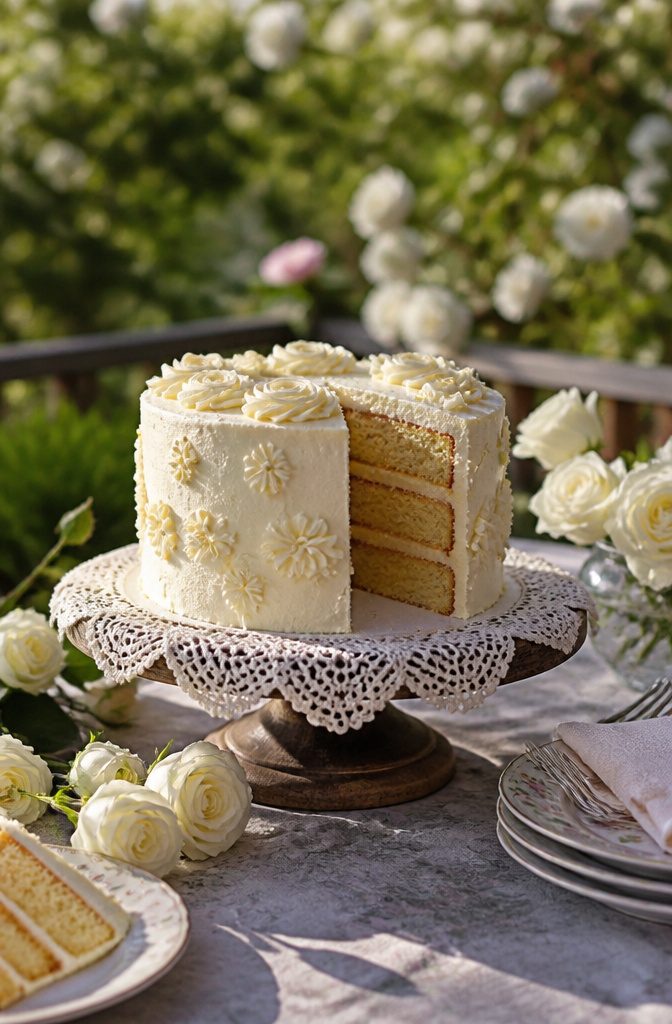 A buttercream-frosted vanilla-almond cake with floral decorations.