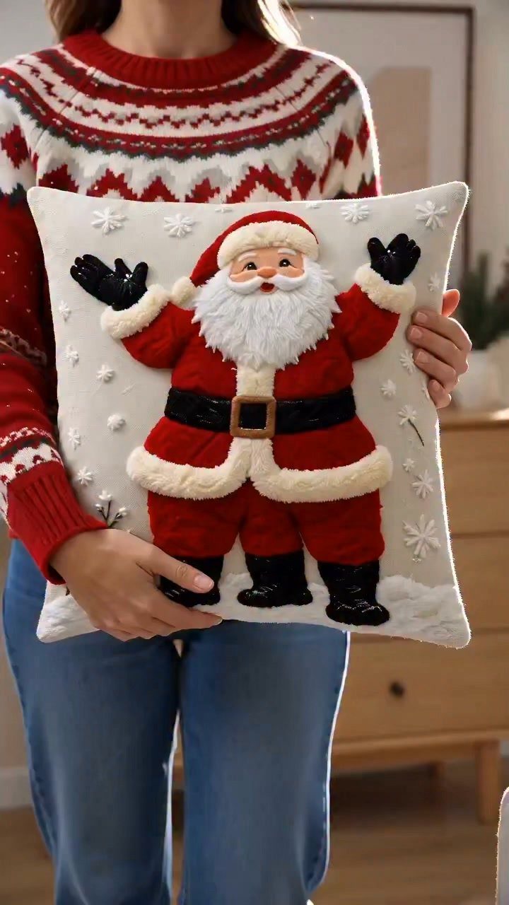 36 Christmas Decor Ideas for the Home: Doors, Tables, Trees & More 14 White festive throw pillow with a 3D plush Santa Claus held by a person