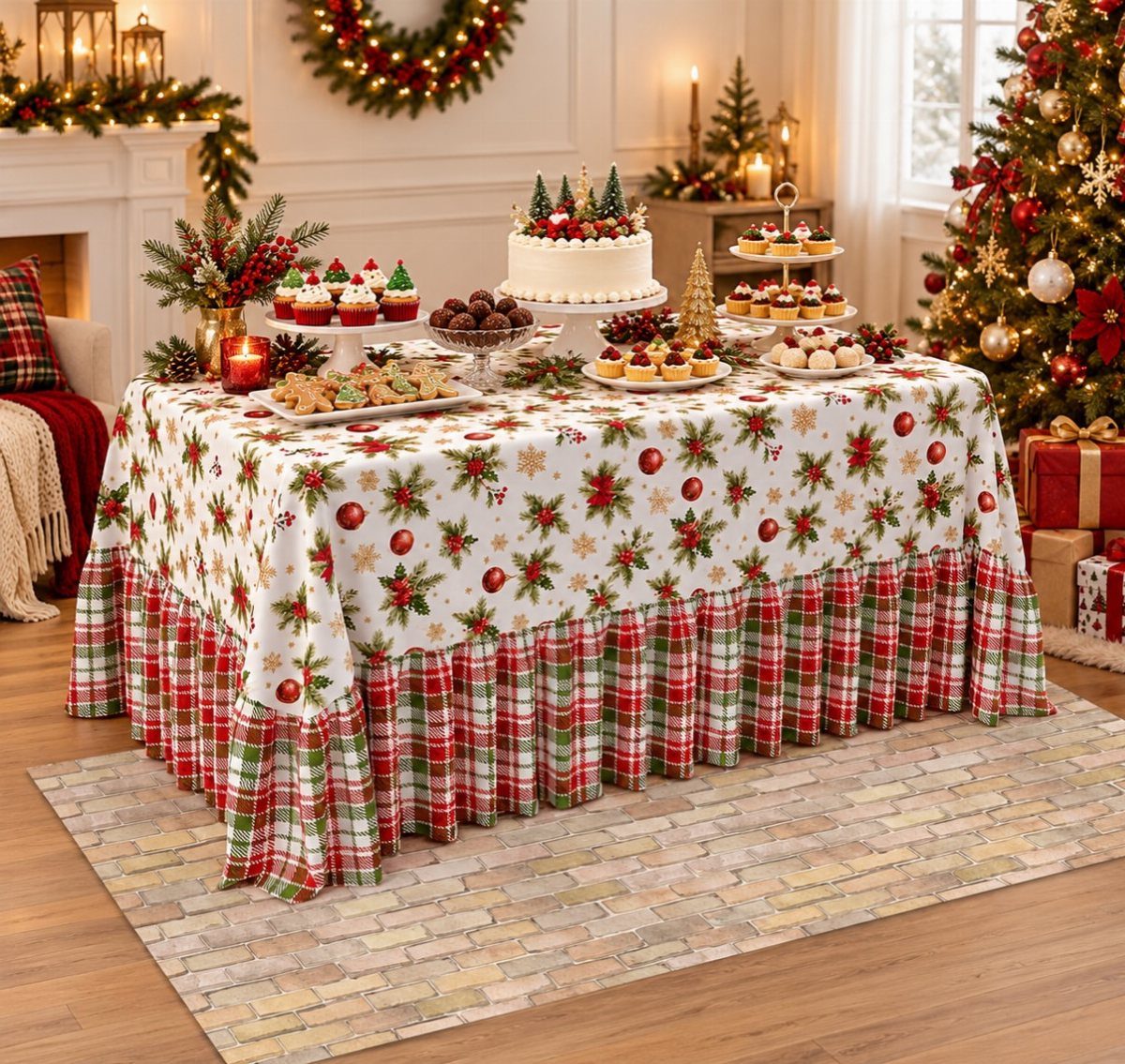 36 Christmas Decor Ideas for the Home: Doors, Tables, Trees & More 23 Festive dessert table with a holiday tablecloth, cake, cupcakes, and Christmas decorations.
