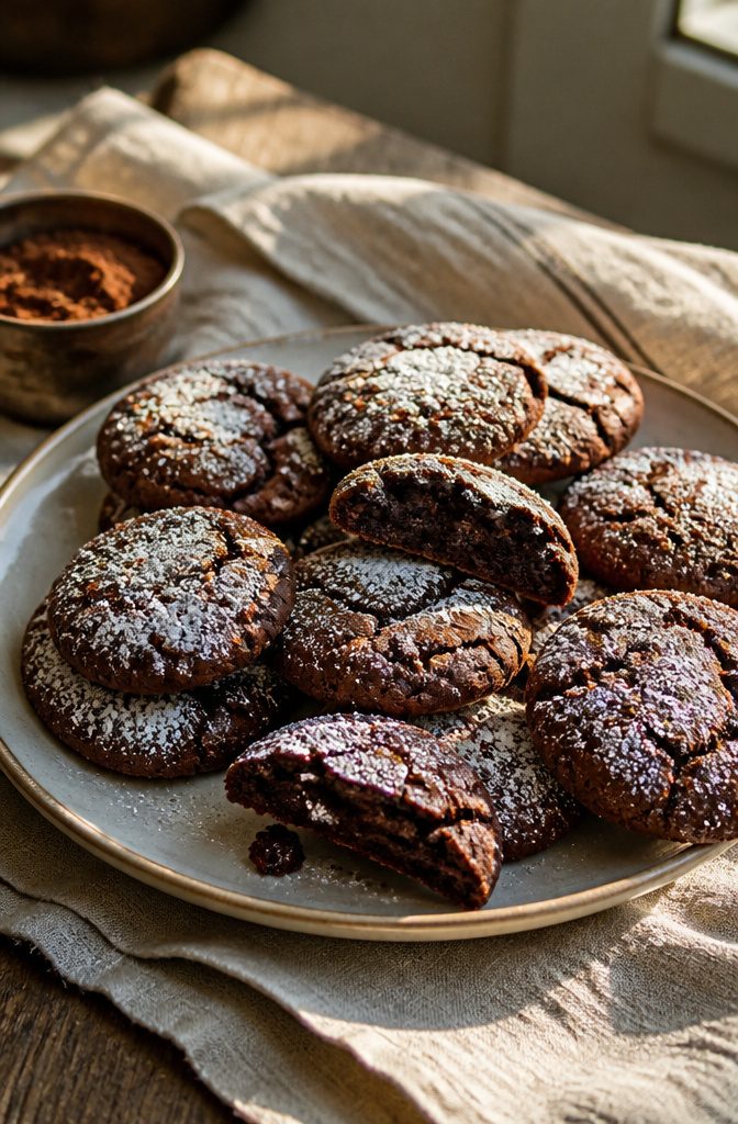 20 Simple Gluten Free Desserts 17 Plate of flourless fudge cookies with powdered sugar dusting.
