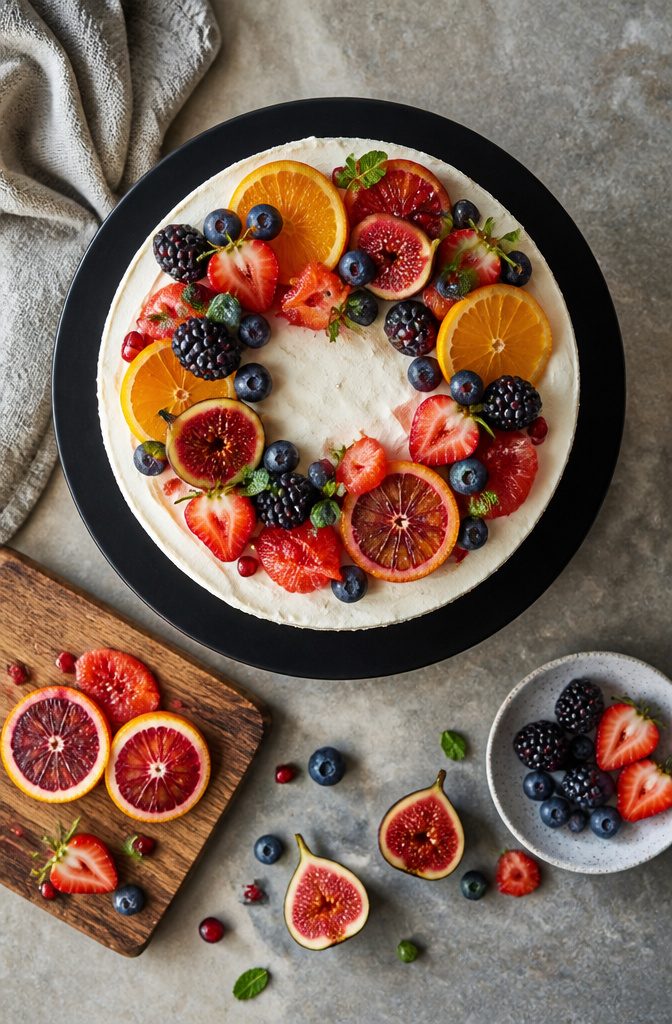 20 Simple Birthday Cake Ideas from Scratch to Shortcut 14 A frosted cake with an assortment of fresh berries and fruits on top.