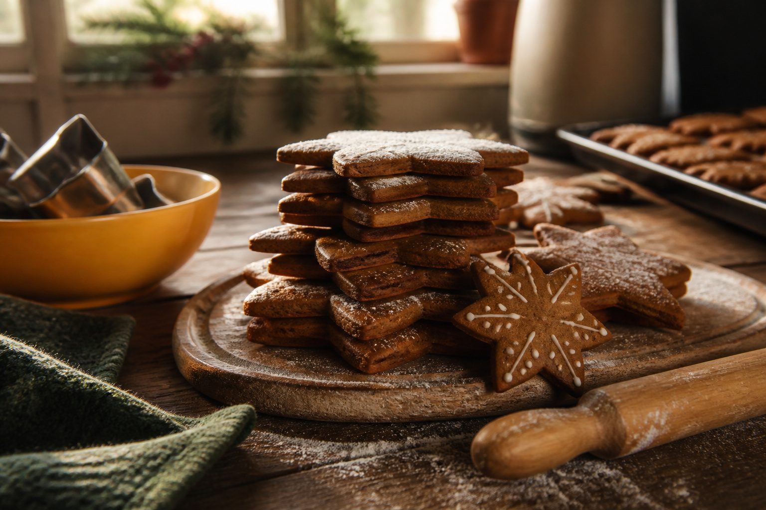 A tray of decorated gingerbread cookies in various shapes.