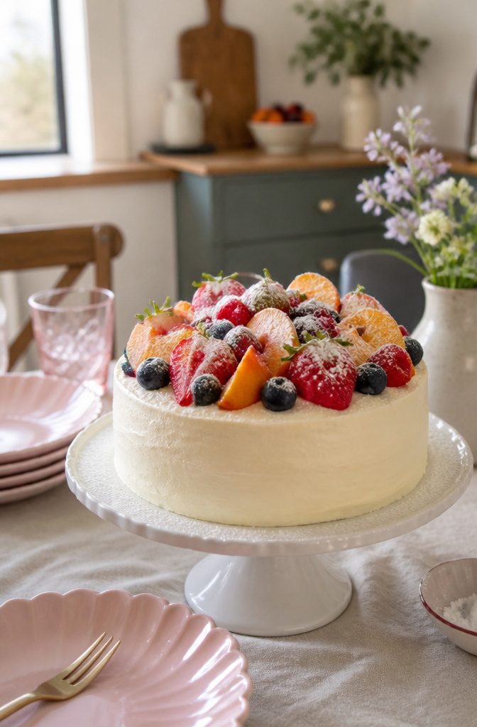 20 Simple Gluten Free Desserts 12 Gluten-free vanilla cake on a stand, topped with fruits and powdered sugar.