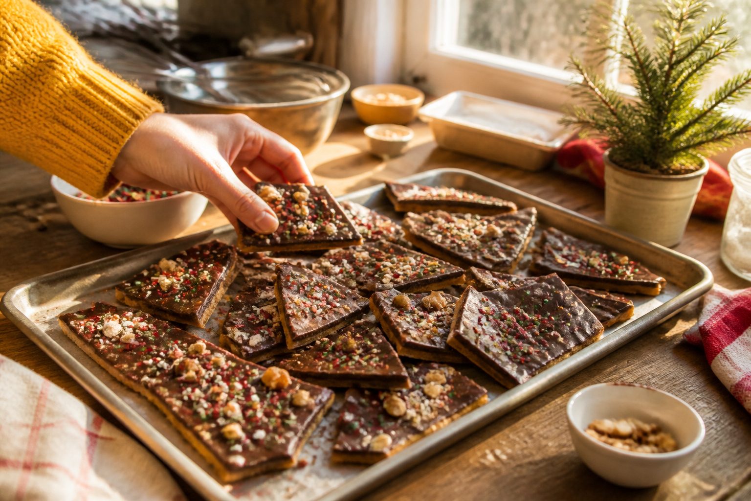 An assortment of Graham Cracker Christmas Bark displayed together.