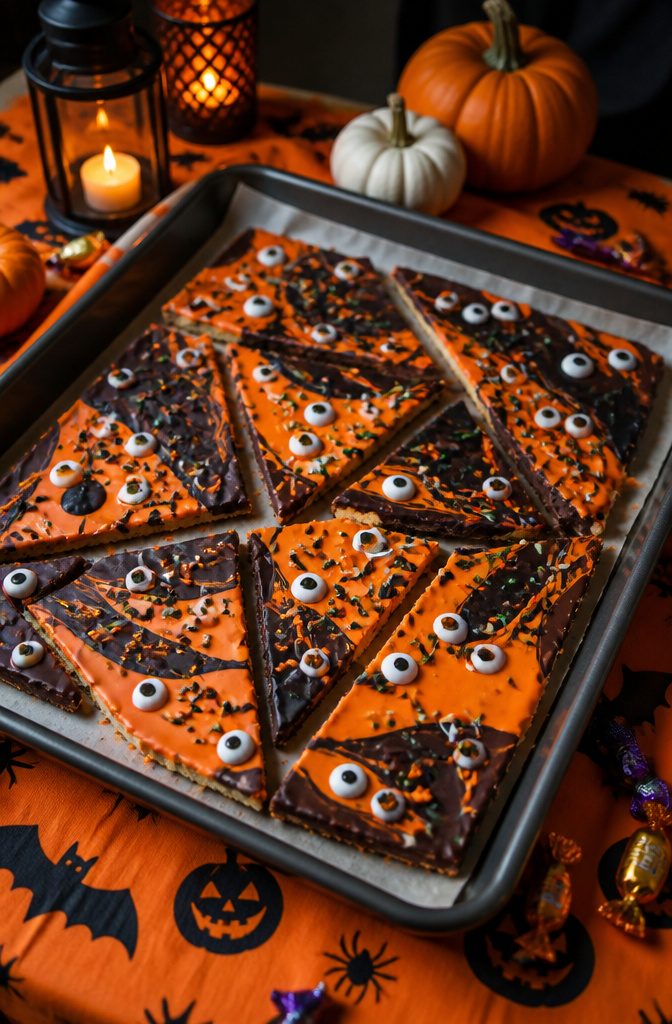 A baking sheet with Halloween-themed bark decorated with candy eyes.