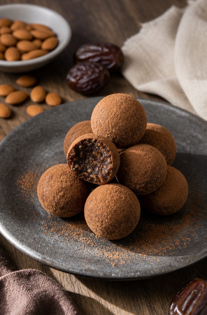 20 Simple Gluten Free Desserts 20 Almond truffles coated in cocoa powder on a rustic plate.