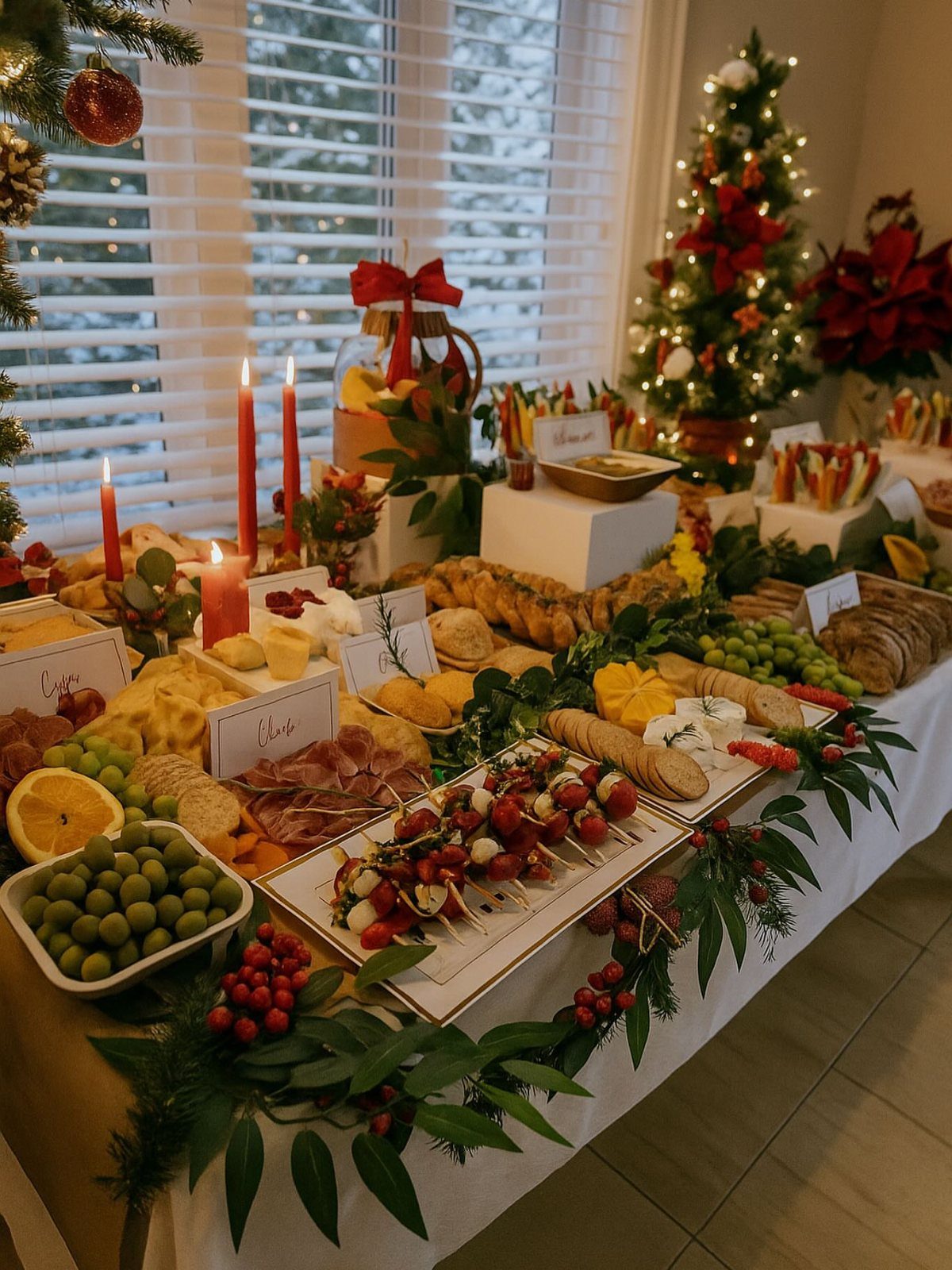 22 Christmas Party Themes for Adults Ideas (2026) 20 Festive holiday food spread with cheeses, meats, and red candles near a Christmas tree