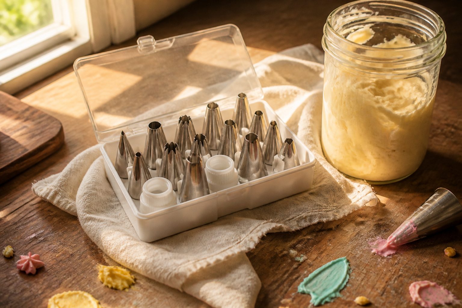 Various piping tips arranged on a wooden surface for decorating cakes.
