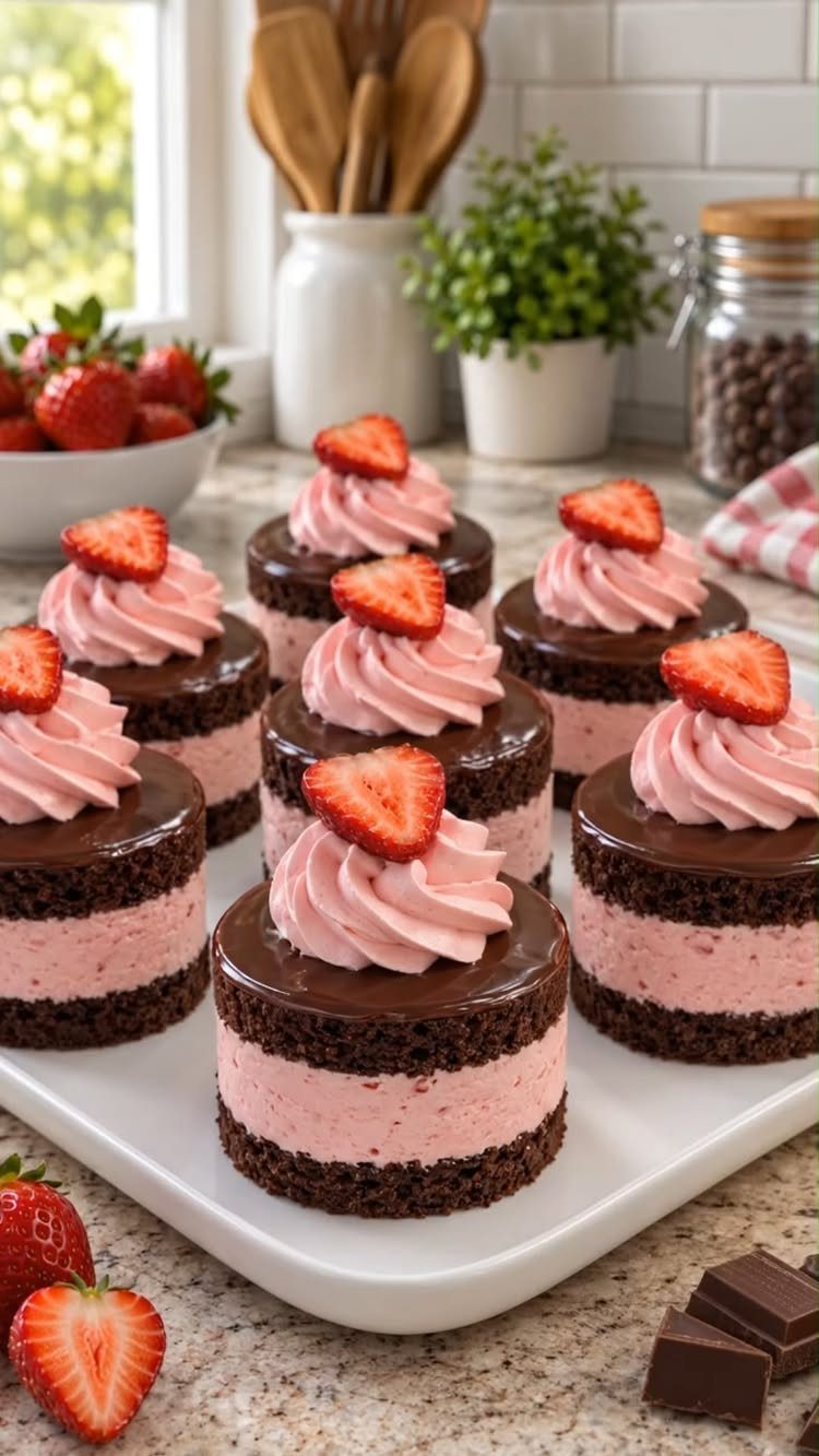 Mini chocolate layer cakes with pink mousse filling and strawberry toppings on a platter.