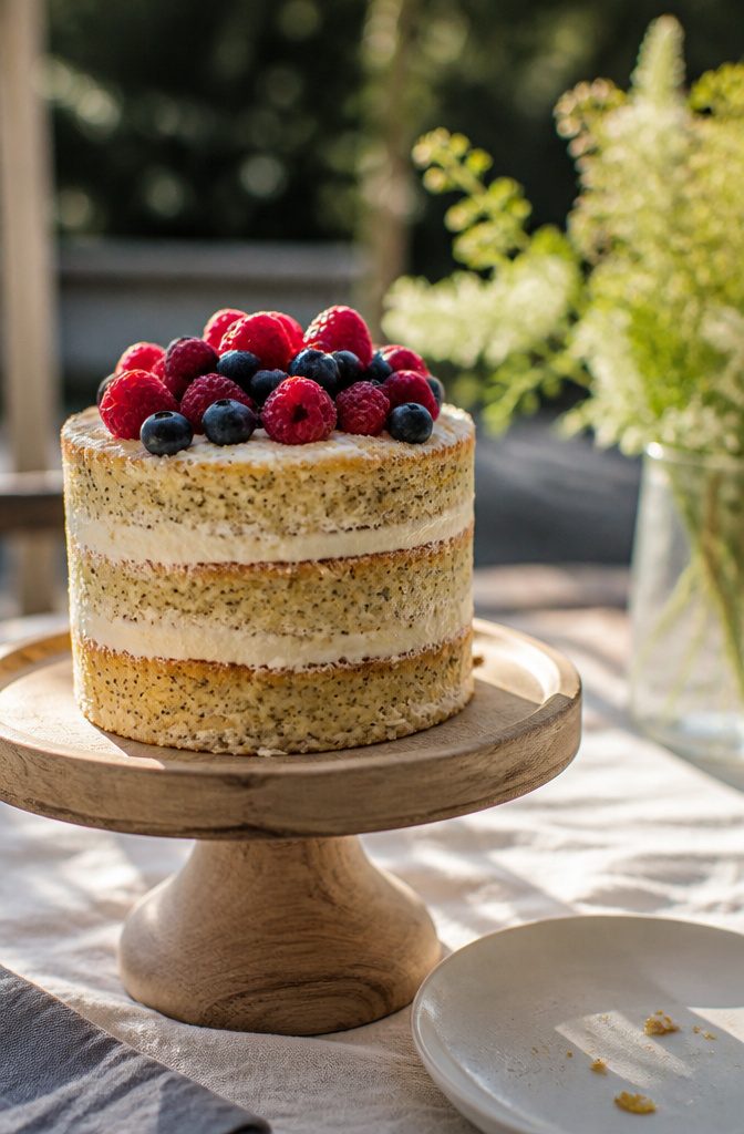 A lemon poppy seed cake with exposed layers and fresh raspberries and blueberries.