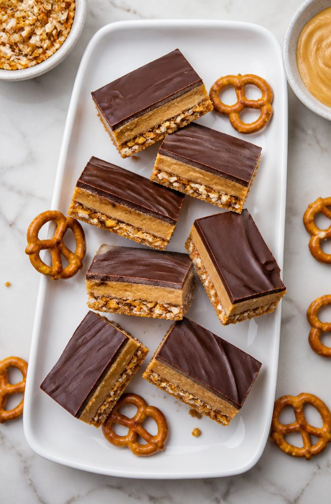 20 Simple Gluten Free Desserts 5 No-bake pretzel bars topped with chocolate and peanut butter layers.