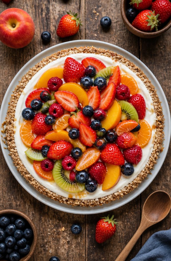 20 Simple Gluten Free Desserts 18 Greek yogurt tart with a nut crust and colorful fruit topping.