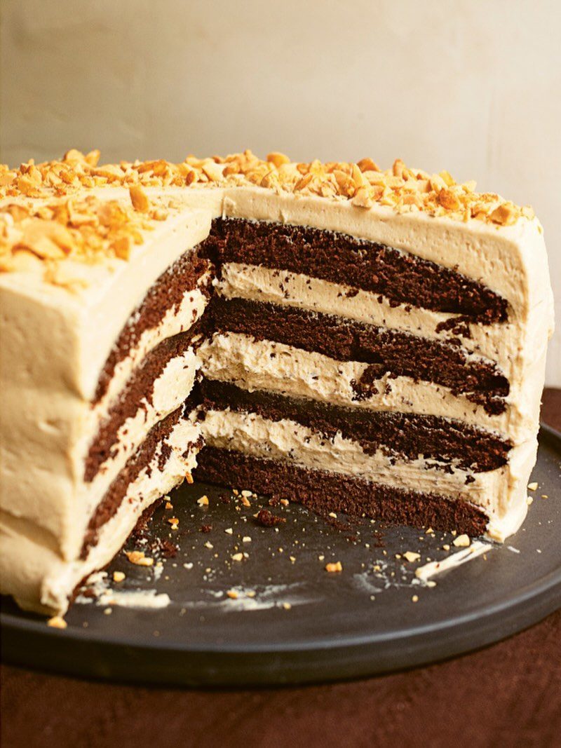 Layered chocolate cake with tan frosting and crushed peanuts on top