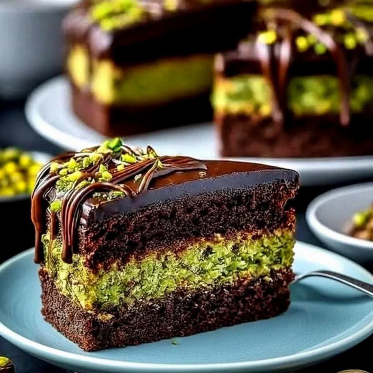 Chocolate cake slice with a green pistachio layer and chocolate ganache topping.