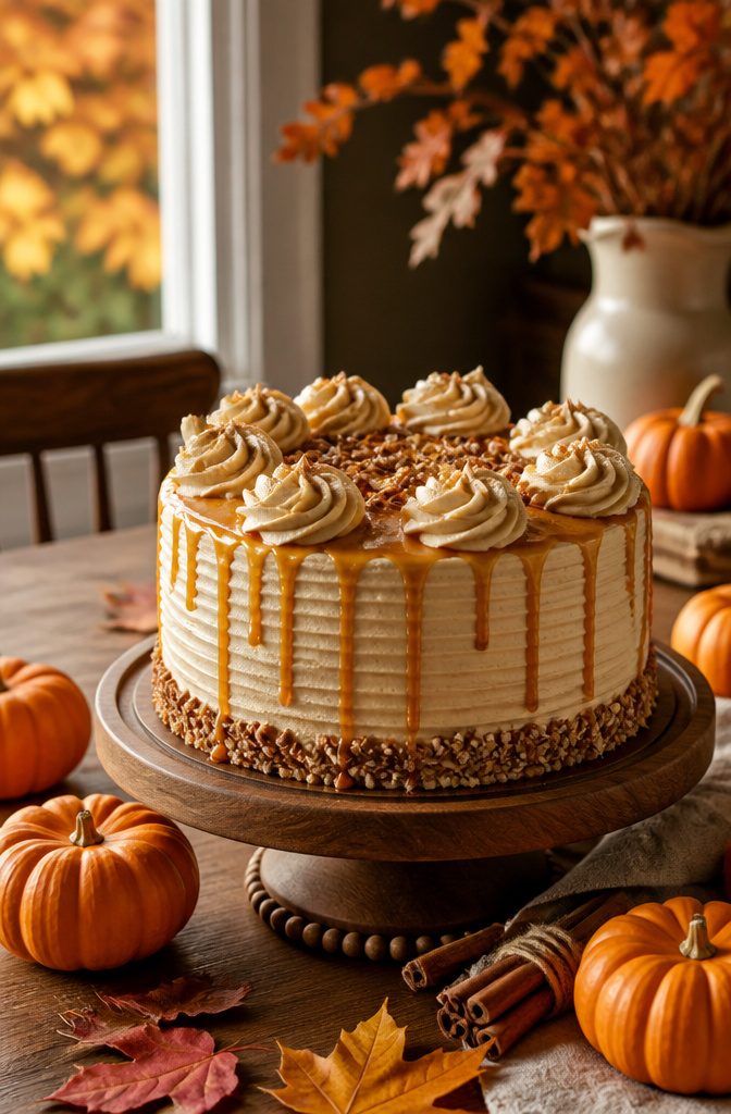 A pumpkin spice cake decorated with maple frosting and syrup.