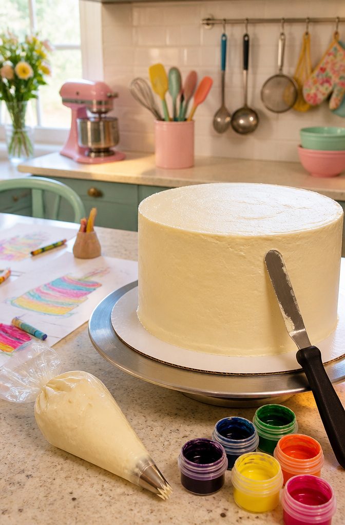 A round cake with buttercream frosting and decorating tools around it.