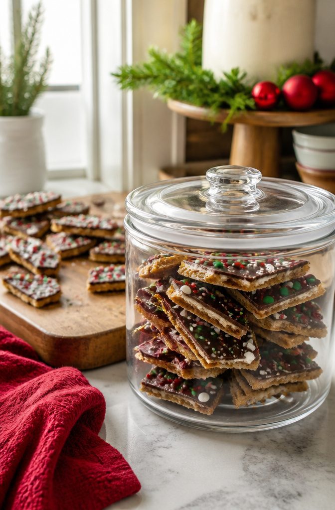 A clear container filled with Graham Cracker Christmas Bark.