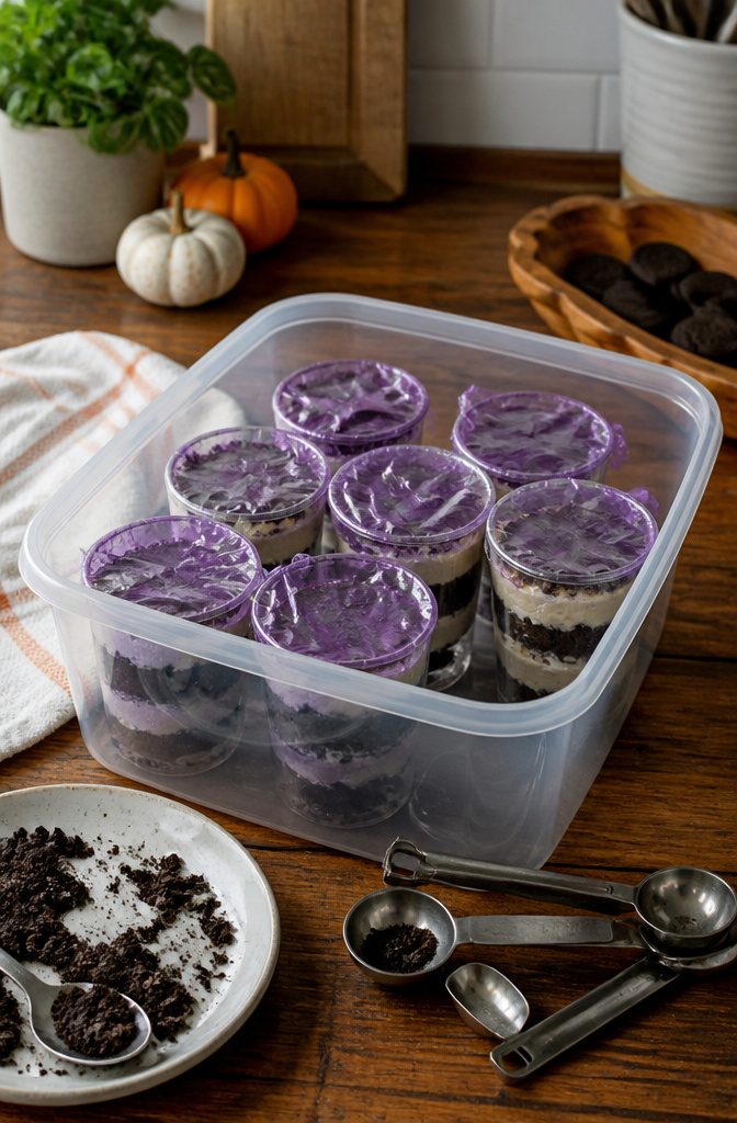 Photograph of leftover dirt cake cups arranged in an airtight container.