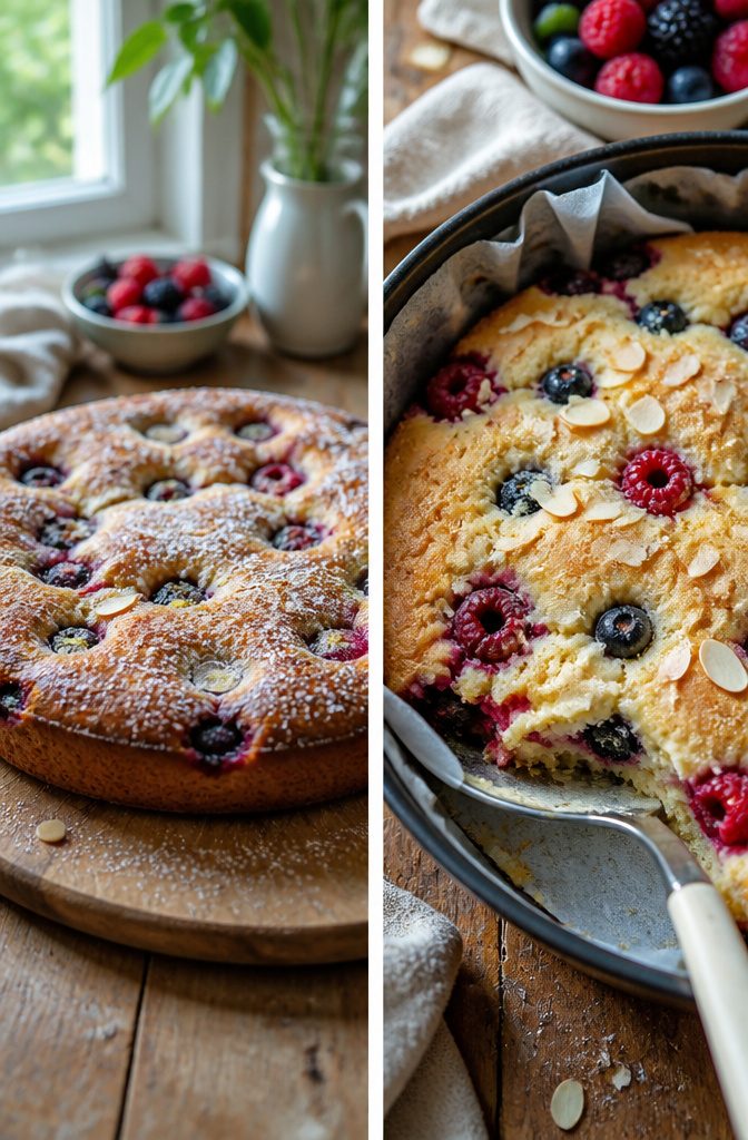 20 Simple Gluten Free Desserts 14 Almond cake with sunken berries creating a colorful top.