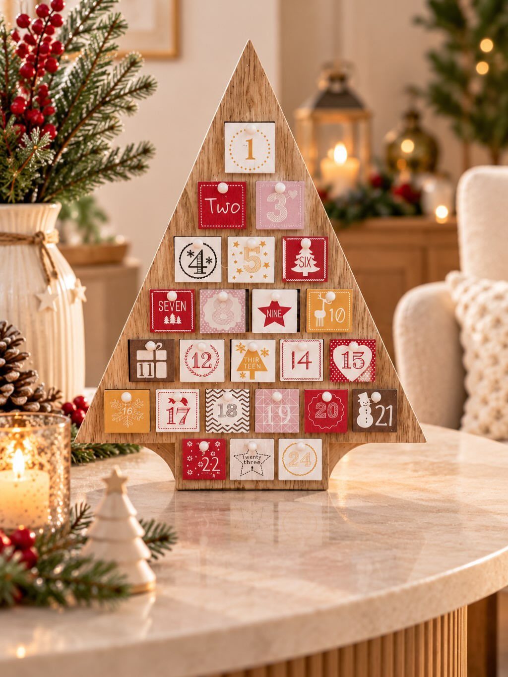 36 Christmas Decor Ideas for the Home: Doors, Tables, Trees & More 34 Wooden tree-shaped advent calendar with colorful numbered drawers on a festive marble table