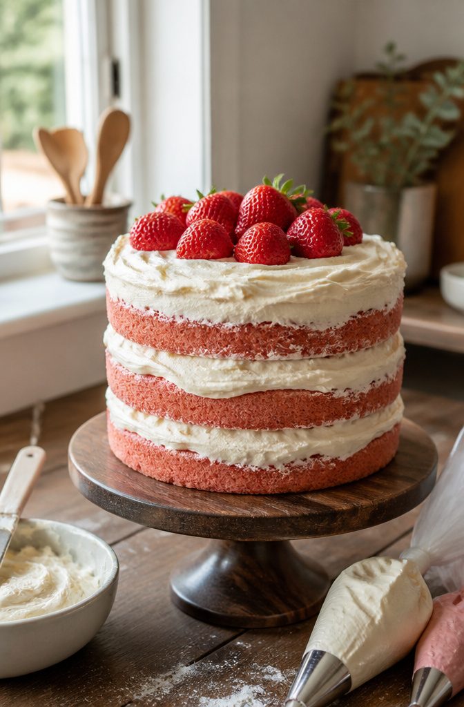 20 Simple Birthday Cake Ideas from Scratch to Shortcut 3 A multi-layer strawberry cake with cream cheese frosting and strawberries.