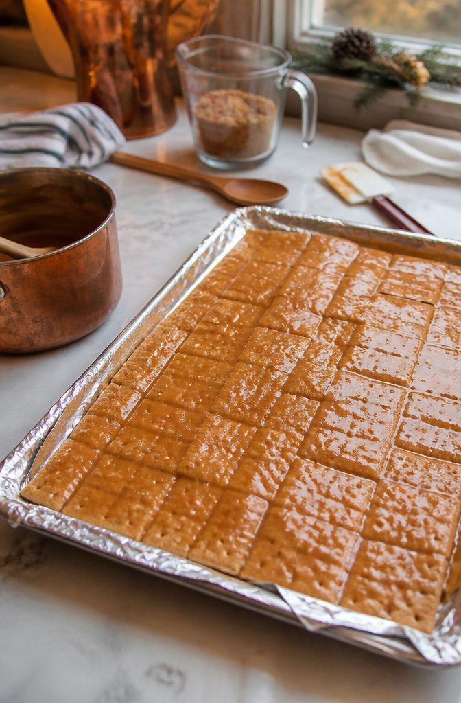 A baking sheet with graham crackers covered in toffee.