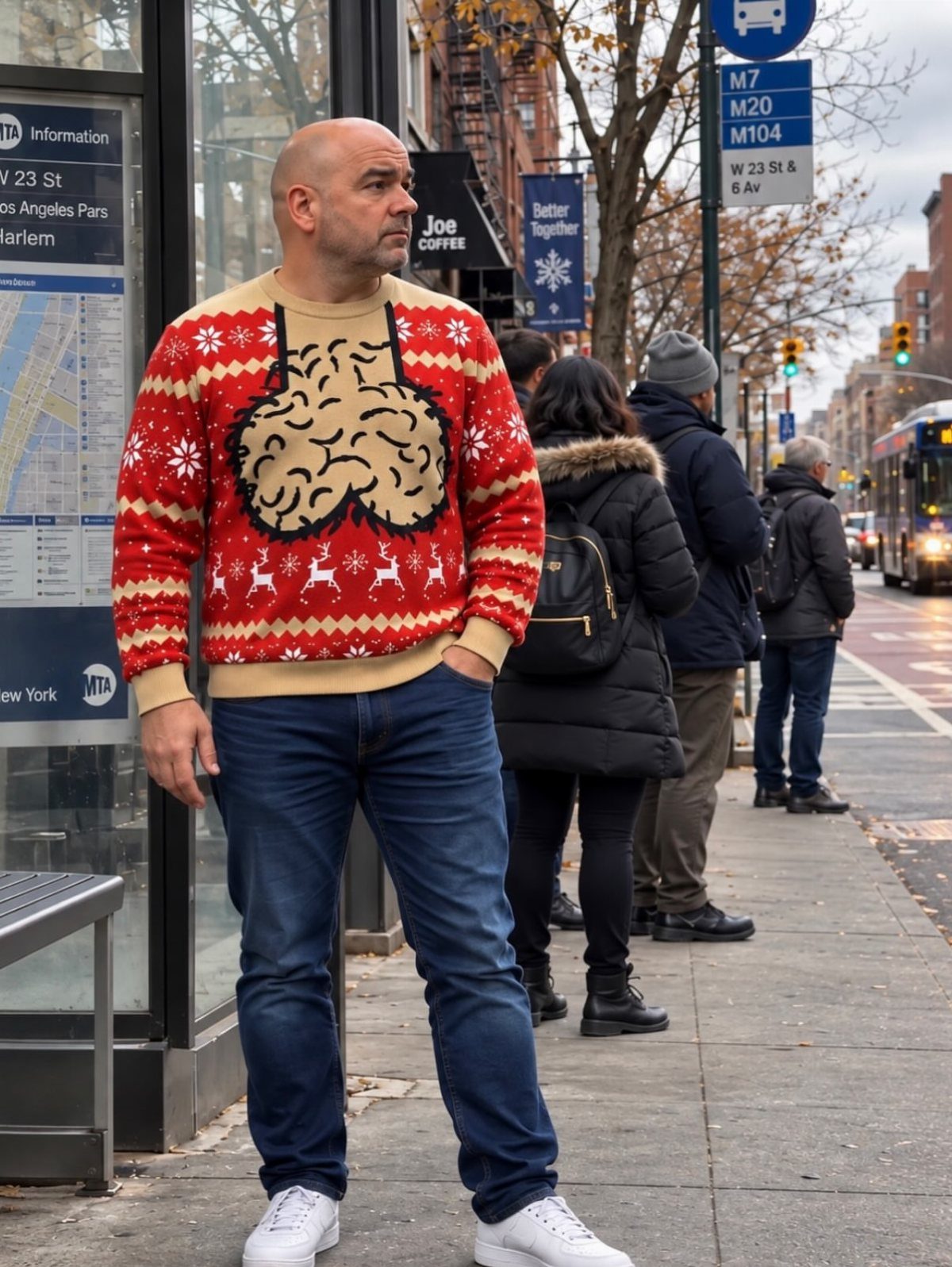 Man wearing a red Christmas sweater with a brain graphic on a city sidewalk