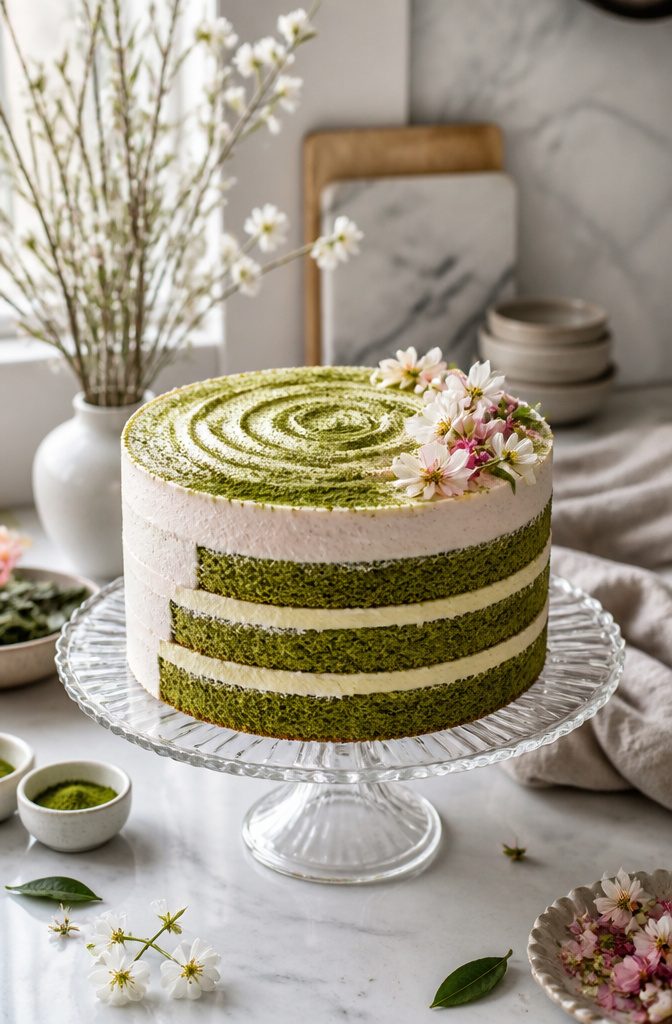 A matcha green tea cake topped with white chocolate frosting and matcha dust.