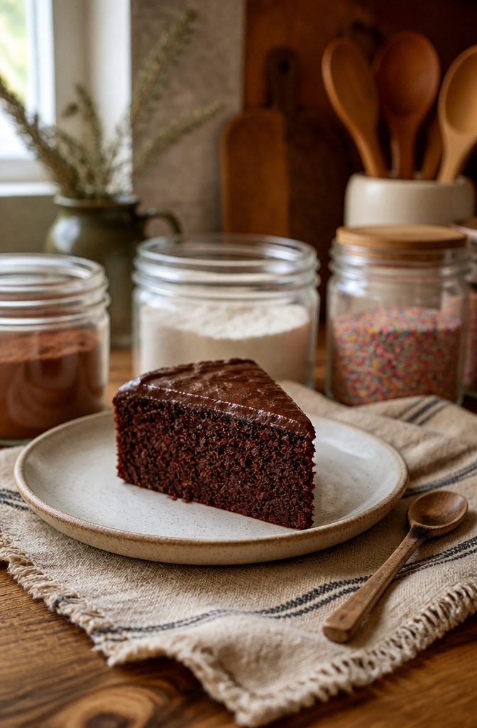 20 Simple Birthday Cake Ideas from Scratch to Shortcut 18 A slice of chocolate wacky cake displayed on a dessert plate.