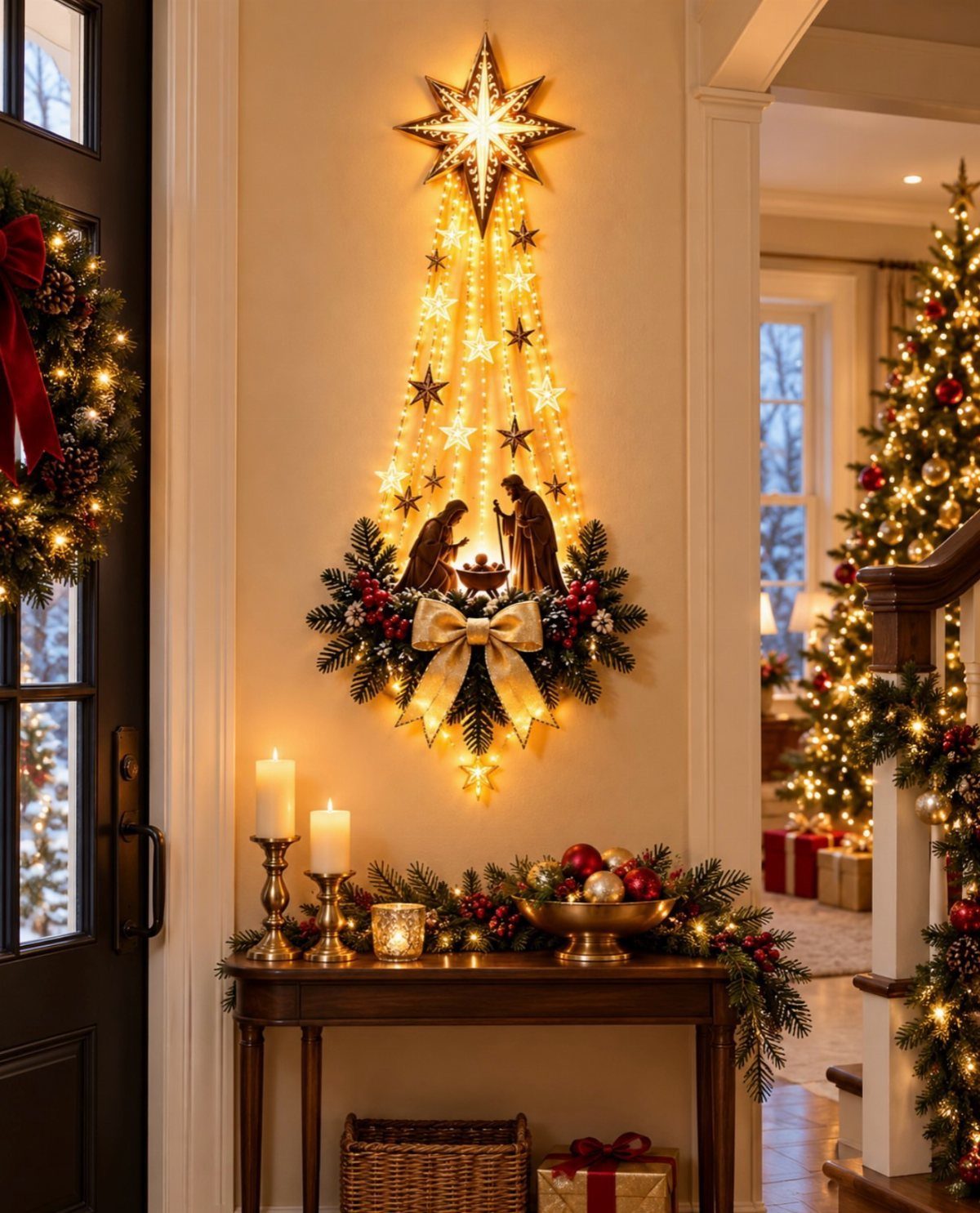 36 Christmas Decor Ideas for the Home: Doors, Tables, Trees & More 36 Wall-mounted glowing Christmas tree with nativity scene above a decorated console table
